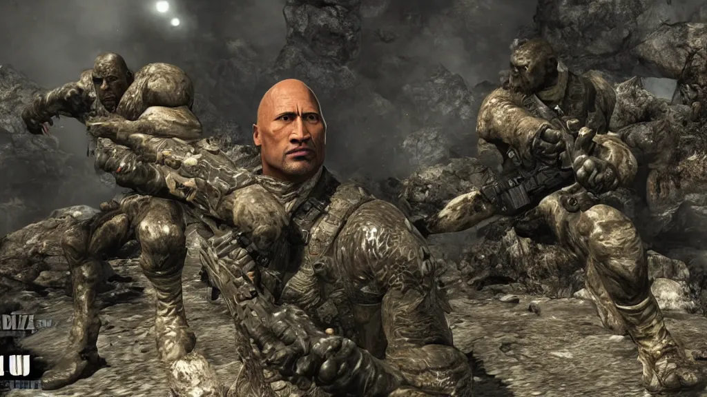 Image similar to dwayne the rock johnson, dwayne the rock johnson in the call of duty zombies map tranzit, black ops 2 tranzit, screenshot