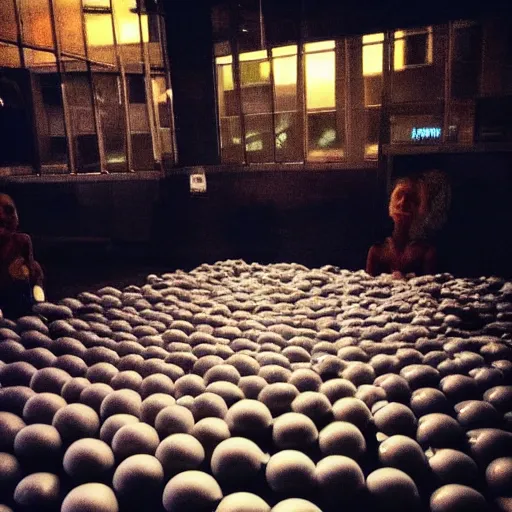 Prompt: “in a ball pit looking out over an arcade after closing. Dramatic creepy lighting”
