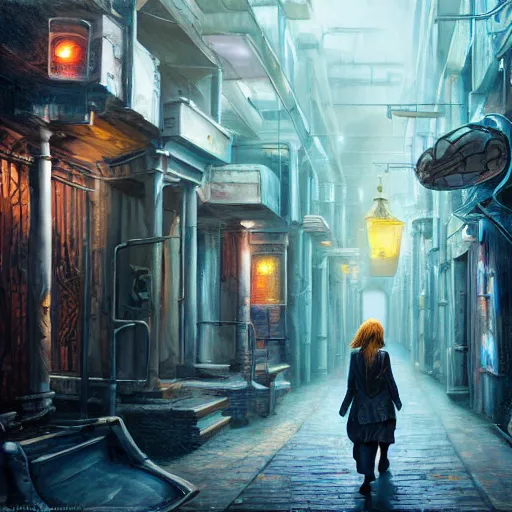 Prompt: hyperrealistic and beautiful painting of an alley way within a grand city, wanderers traveling from afar, a woman walking, classical architecture, technological lights, screens, cyberpunk style, 8 k resolution, by hugh ferris and john smith, polished, fine detail, intricate, blue color scheme, cyberpunk style, smooth, octane, concept art, trending on artstation