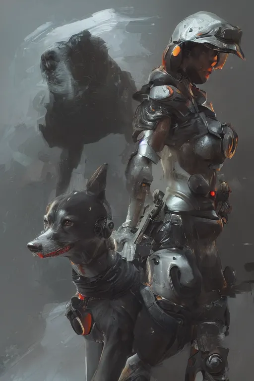 Image similar to 2d character concept art illustration, trending on artstation, highly detailed, sharp focus, intricate, unique, by Ruan Jia, of a girl in a cyberpunk suit with three leashed battle dogs