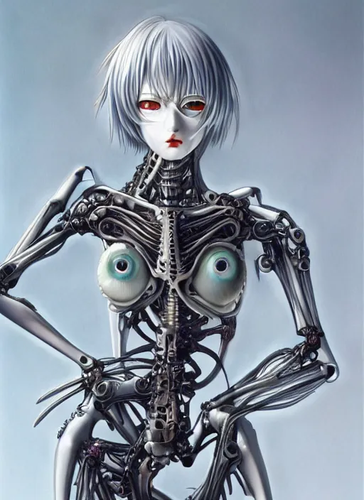 Prompt: Rei Ayanami by Yoshitaka Amano, by HR Giger, biomechanical hand, 4k, wide ayes, hyper detailed, hyperrealism, anime