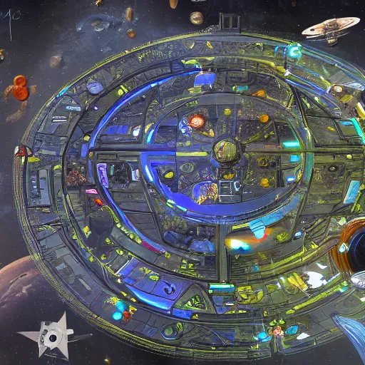 Image similar to a space junkyard forming a tilted disk in black starless space, a graveyard of space stations and giant space structures, dark sci - fi game map