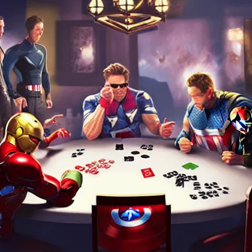 Image similar to hyperrealist portrait of the avengers playing poker, photo realistic, dynamic lighting, artstation, poster, volumetric lighting, very detailed faces, 4 k, award winning