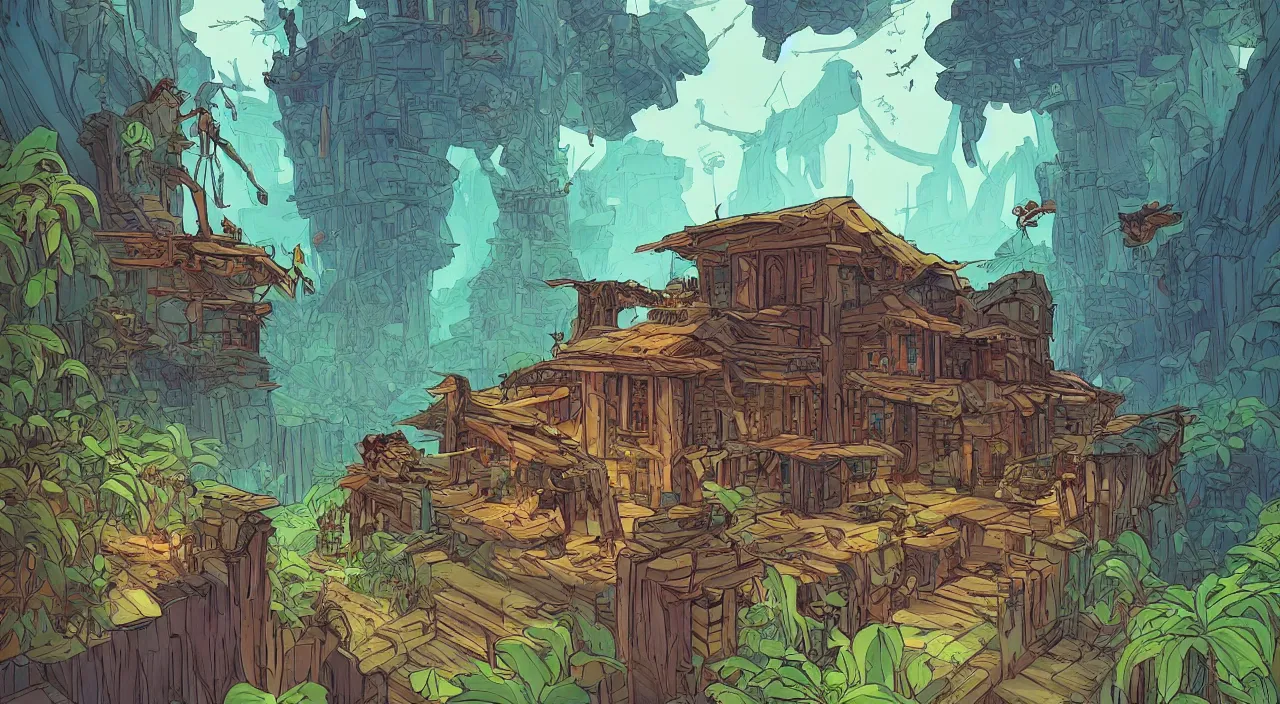 Image similar to open door wood wall fortress child house flag amazon jungle on portal unknow world ambiant fornite colorful that looks like it is from borderlands and by feng zhu and loish and laurie greasley, victo ngai, andreas rocha, john harris