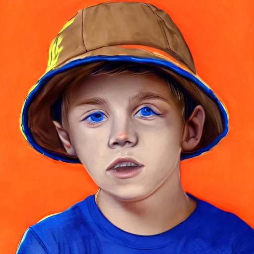 Prompt: a detailed portrait of a boy with blue eyes and blonde hair wearing an orange bucket hat, art illustration, incredibly highly detailed and realistic, 8 k, sharp focus