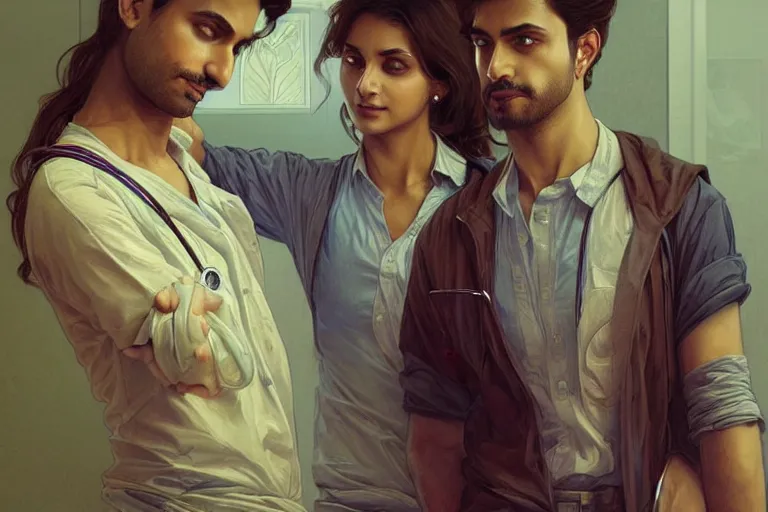 Image similar to Anxious good looking pale young Indian doctors wearing jeans inside a hospital, portrait, elegant, intricate, digital painting, artstation, concept art, smooth, sharp focus, illustration, art by artgerm and greg rutkowski and alphonse mucha