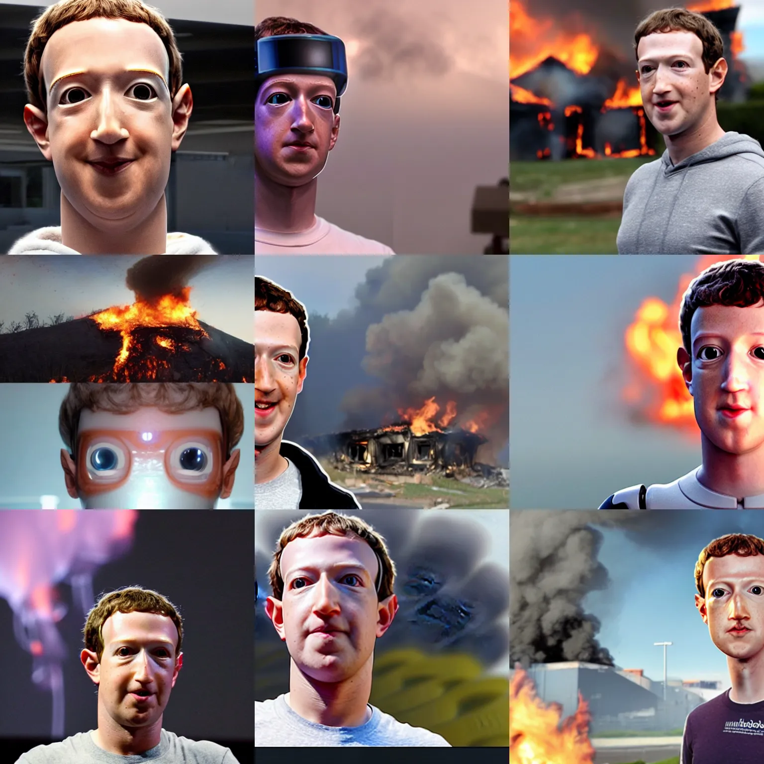 Prompt: <picture quality=4k-ultra-hd mode='attention grabbing'>Adorable mark zuckerberg cyborg robot looks into the camera knowingly as a house burns behind it - inspired by Disaster Girl</picture>