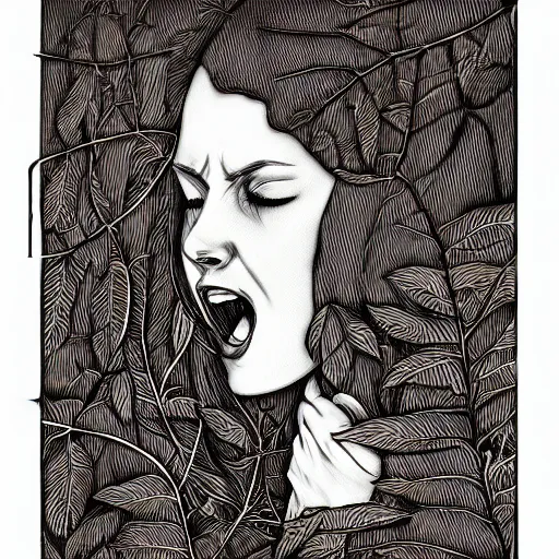 Image similar to Copper engraving of a woman screaming, ivy creeping around her face, artstation, intricate, 8k, award-winning