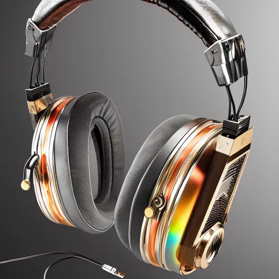 Image similar to masterpiece photo of beautiful crafted artistic bismuth metal headphones, bismuth rainbow metal, bismuth cups, leather padding, displayed on mahogany desk, modernist headphones, bismuth headphones beautiful well designed, hyperrealistic, audiophile, intricate hyper detail, extreme high quality, photographic, audeze, sennheiser, hifiman, artstation, abyssal audio