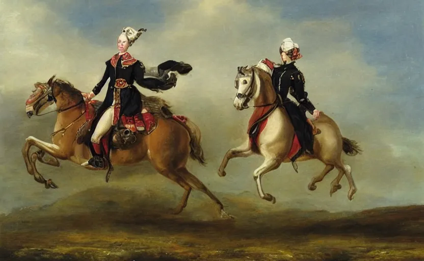 Image similar to woman in napoleonic dress standing on a galloping horse on a battlefield