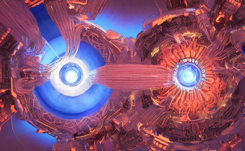Prompt: giant Plasma fusion reactor power station, torus shape, blue , hyperrealistic mixed media, stunning 3d render inspired art by P. Craig Russell and Barry Windsor-Smith + perfect facial symmetry + dim volumetric lighting, 8k octane beautifully detailed render, post-processing, extremely hyperdetailed, intricate futuristic mechanic parts, epic composition, grim yet sparkling atmosphere, cinematic lighting + masterpiece, trending on artstation