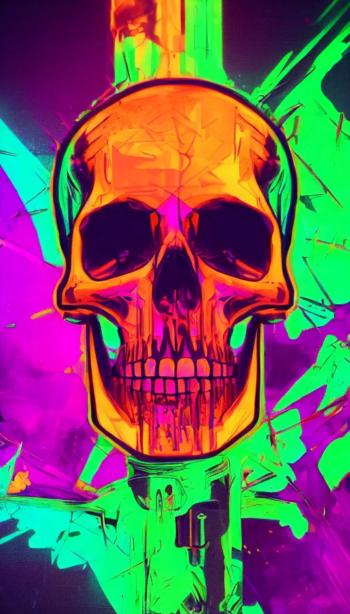 Image similar to a colorful skull with a cross on it's forehead, cyberpunk art by stanley twardowicz, cgsociety, computer art, neon, wallpaper, glowing neon