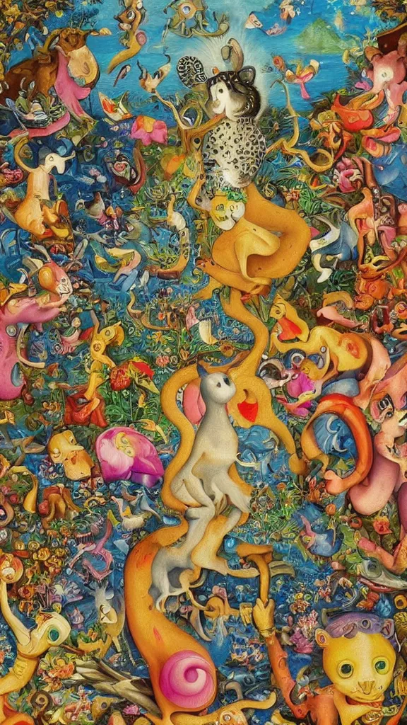 Image similar to an incredibly detailed masterpiece collaborative painting by bosch and lisa frank, ornate, detailed, high resolution, wow!, intricate