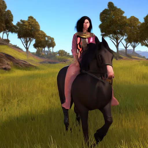 Image similar to The black-haired young witch travels on her horse to the land of dreams, unreal engine 3