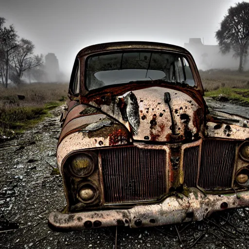 Prompt: apocalyptic, ruined town, abandoned streets, littered, mutated wildlife, decrepit homes and sheds on the side of the road, slowly being reclaimed by nature. rusted vintage cars. fog, dew, rain, volumetric lighting, beautiful, summer morning dew, sharp focus, ultra detailed, kodachrome, cgsociety - w 1 0 2 4 - n 8 - i