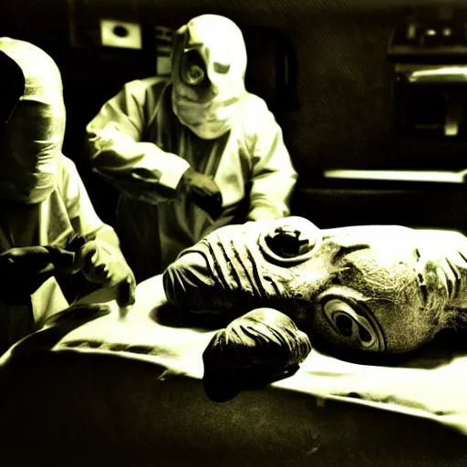 Image similar to an alien autopsy, realistic, vintage, grainy, old style photo, sepia, dark, medical lighting, masked doctors, clear alien face