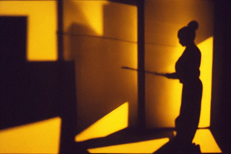 Image similar to backlit photograph of black box pouring energy into suburban room, silhouetted figure, crisp focus, 3 5 mm ektachrome