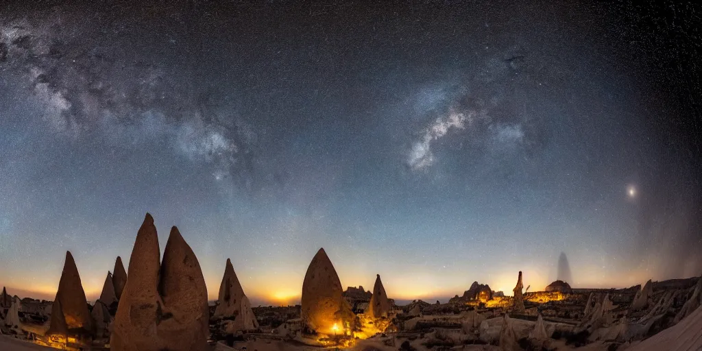 Image similar to a detailed beautiful matte painting of a Cappadocia, Turkey under a starry night sky, by Mikko Lagerstedt and Raphael Lacoste, fisheye lens