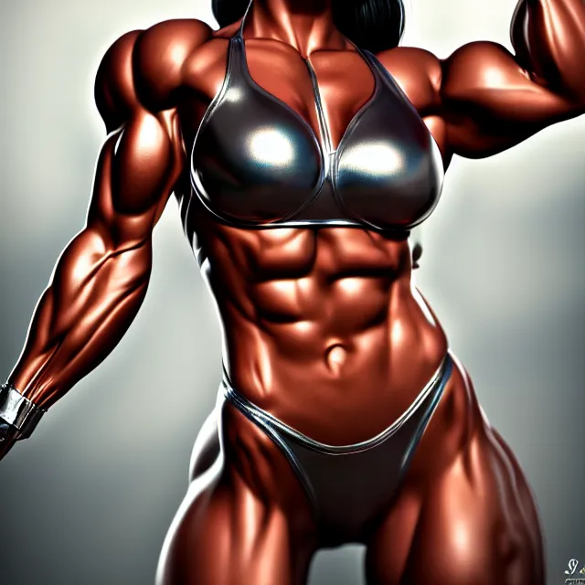 Image similar to muscle girl, chrome, highly detailed, 4 k, hdr, smooth, sharp focus, high resolution, award - winning photo, sakimichan, photorealistic