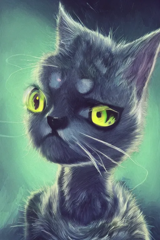 Prompt: a cat wizard with biolumonecent whiskers, painted by wally wood and matt jefferies, trending on artstation, bright macro view pixar, award - winning, blueprint, chillwave, realism