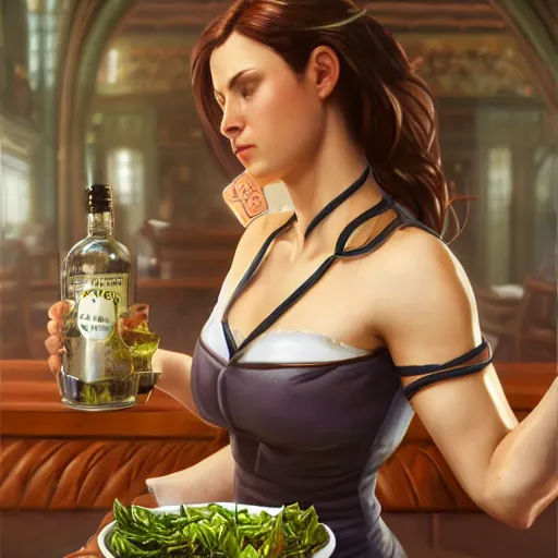 Image similar to Epic portrait, an muscular waitress serving a drink, Brown hair flow, pretty, glossy skin, digital painting, artstation, concept art, soft light, hdri, smooth, sharp focus, illustration, fantasy, intricate, elegant, highly detailed, D&D, matte painting, in the style of Greg Rutkowski and Alphonse Mucha and artemisia, 8k, highly detailed, jurgens, rutkowski, bouguereau, pastoral, rustic, georgic