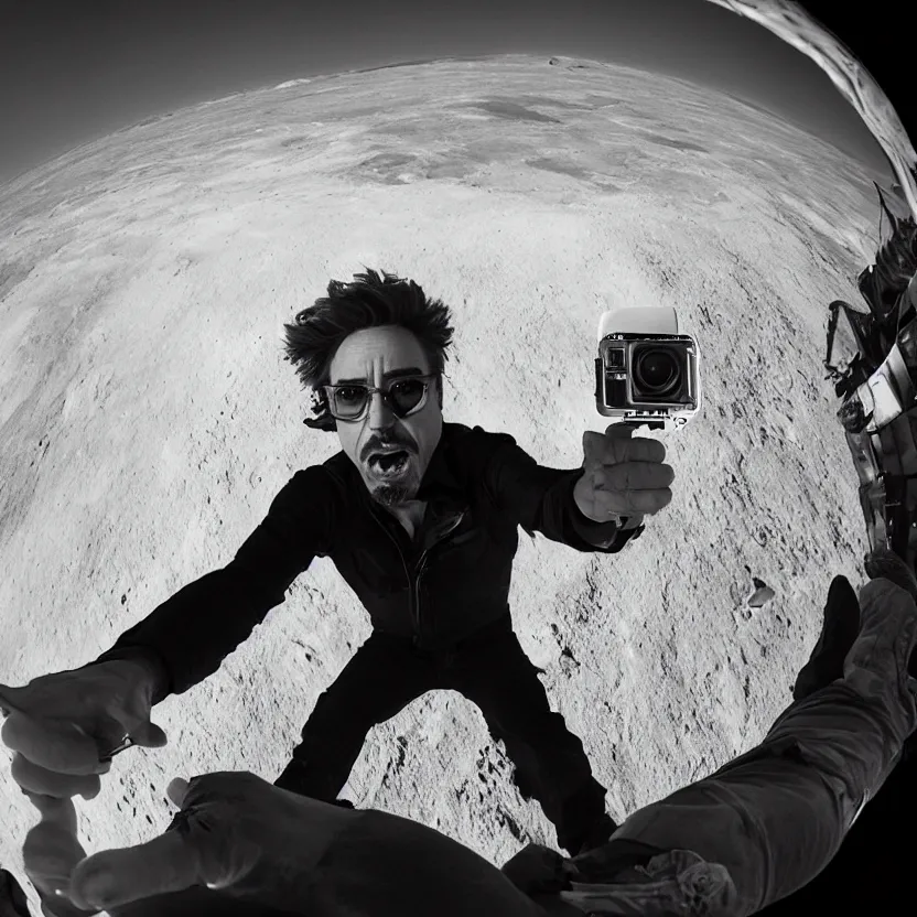 Image similar to robert downey jr eating a hot dog on the moon, dynamic lighting, gopro selfie with a fisheye lens