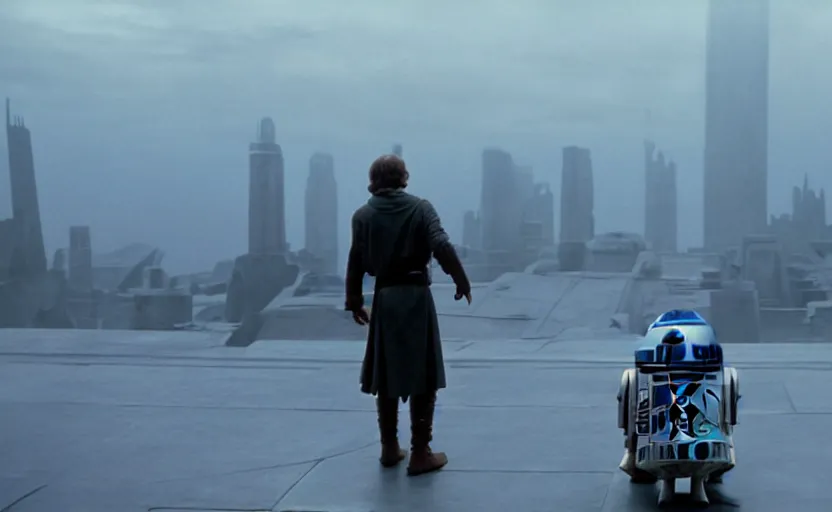 Prompt: iconic wide cinematic screen shot of luke skywalker downtrodden with r 2 - d 2, standing with a view of coruscant at sunset, from the thrilling scene from the hbo succession, moody cinematography, foggy volumetric lighting, hyper detailed scene, anamorphic lenses 2 4 mm, lens flare, award winning