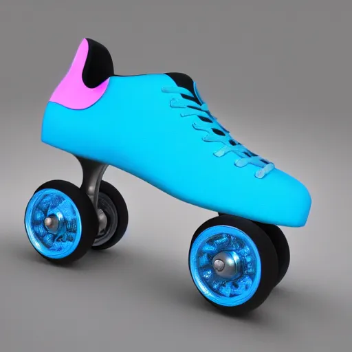 Image similar to white retro! roller skates with cyan wheels on a pedstal, octane render, 3 d model, pink lightning, neon!! light, blender