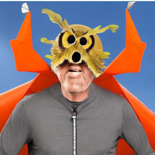 Prompt: ripped physique winged man Norm MacDonald disguised as a mothra whilst wearing a traffic cone hat daniel warren johnson