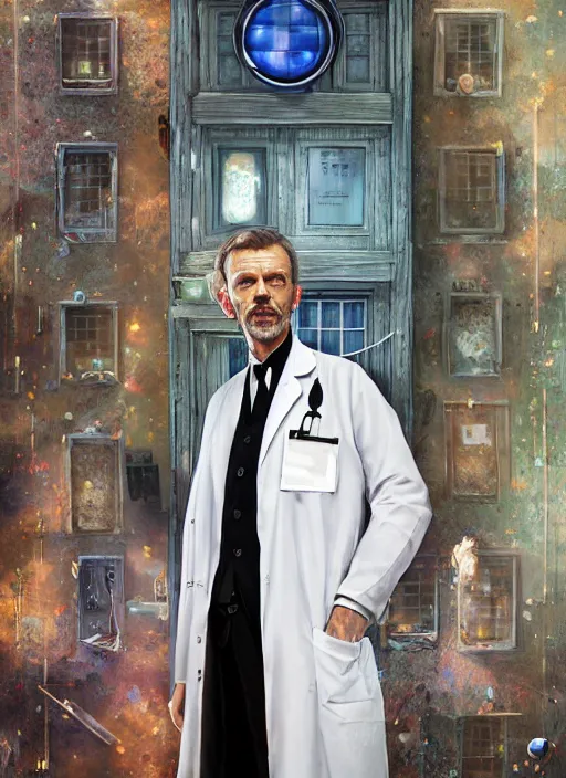 Image similar to portrait of doctor house standing next to tardis from doctor who, au naturel, hyper detailed, digital art, trending in artstation, cinematic lighting, studio quality, smooth render, unreal engine 5 rendered, octane rendered, art style by klimt and nixeu and ian sprigger and wlop and krenz cushart.