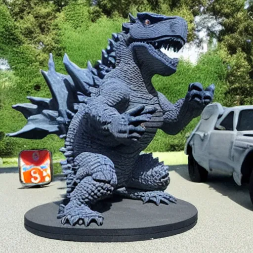 Image similar to high quality 3 d printed statue of godzilla stomping on cars