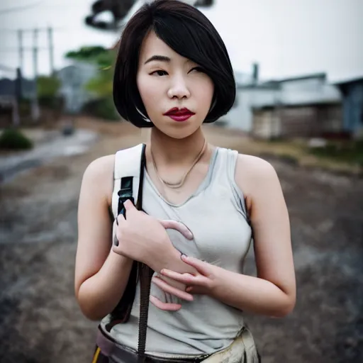 Prompt: Beautiful Asian girl cosplaying as the Fallout 4 sole survivor, photographed on a slight overcast day on dilapitated street on Ikeshima island, Nikon D7100 with a Nikon 50mm F1.8, a Nikon 85mm F1.8, Golden hour, expressive face,