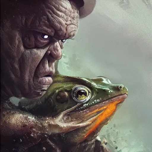 Prompt: hyper realistic derpy hybrid of dan akroyd and frogman by greg rutkowski