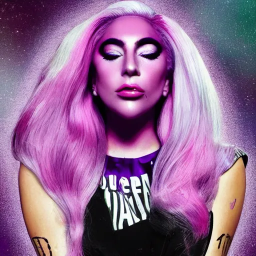 Prompt: lady gaga with pink hair wearing a purple dress, an album cover by Hedi Xandt, featured on tumblr, afrofuturism, made of rubber, made of plastic, elite
