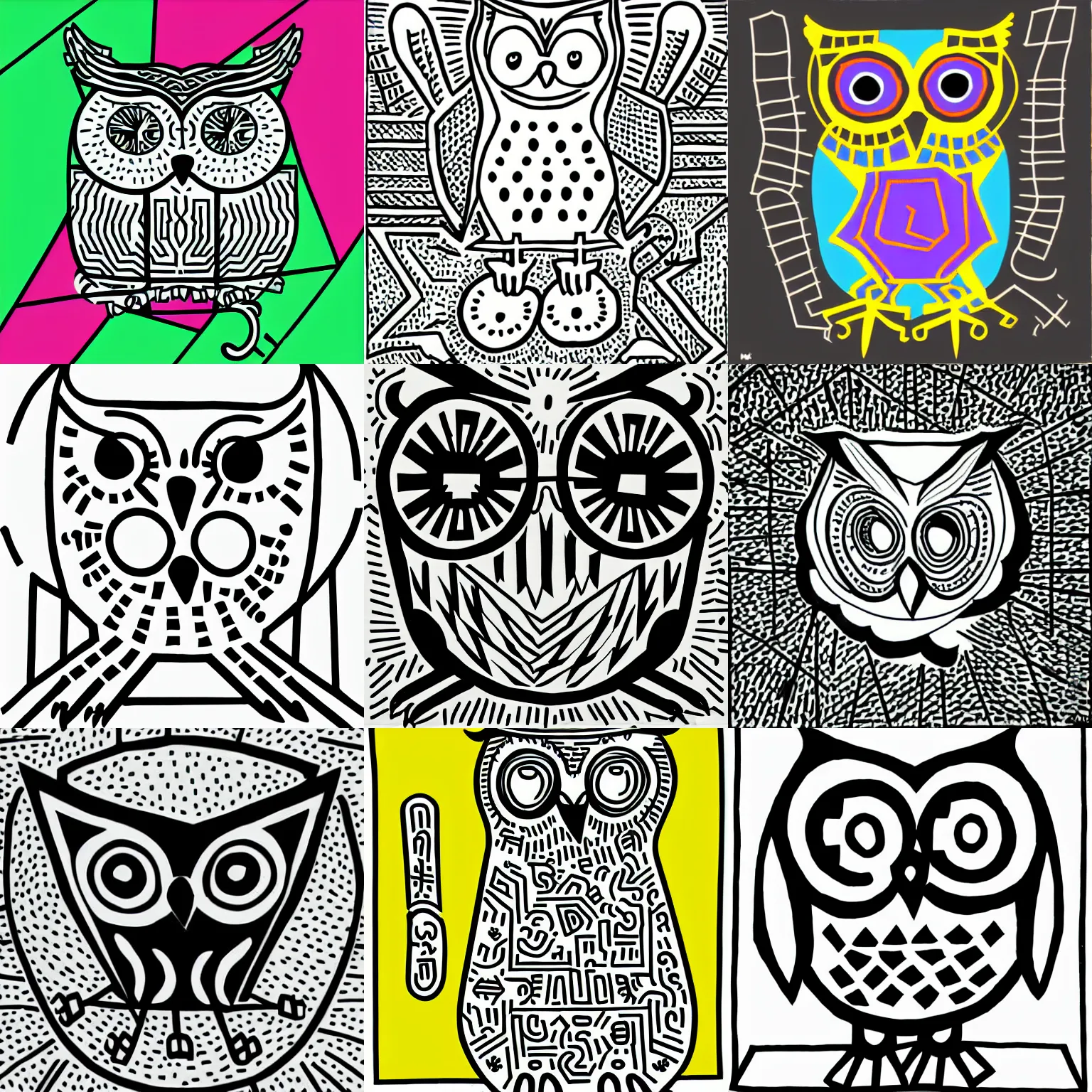 Prompt: owl vector polygon geometric, mbess, keith haring, cross contour drawing