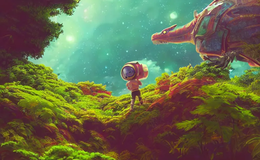 Image similar to a still of a cute adorable tiny astronaut, on a planet of lush colorful foliage, with an enormous kaiju dragon surrounding the full background, magical forest, sharp focus, neon backlit, highly detailed, disney pixar studio ghibli makoto shinkai, digital painting, matte, octane render, global illumination, iridescent, anime, 8 k concept art