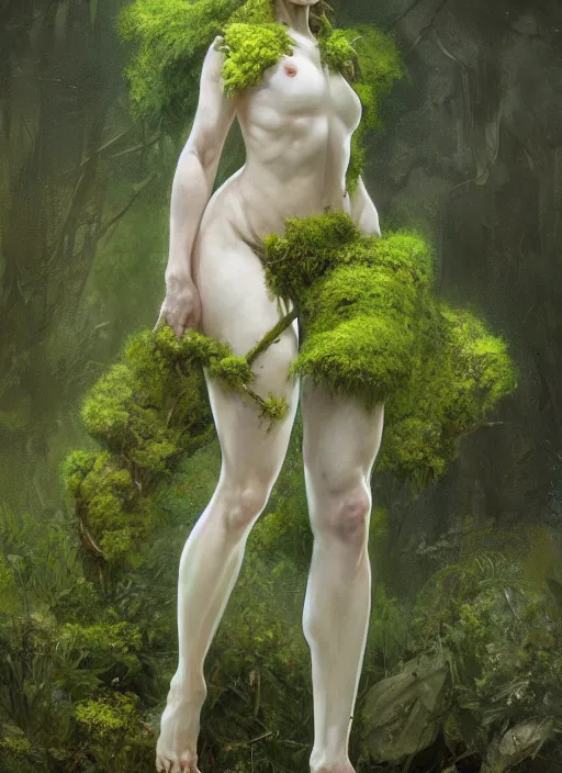 Prompt: a human made of moss and flowers, full body view, beautiful high quality realistic fantasy art, trending on artstation by artgerm and greg rutkowski and alphonse mucha