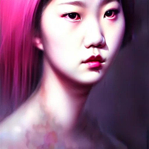 Image similar to roseanne park of blackpink, hyperrealistic portrait, bladerunner street, by karol bak and agnes cecile, fantasy art, photo realistic, dynamic lighting, artstation, poster, volumetric lighting, very detailed face, intricate complexity, rule of thirds, 8 k, award winning