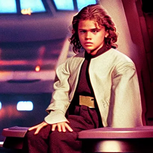 Image similar to young anakin skywalker from attack of the clones sitting at quark's bar on deep space nine, 3 5 mm photography, highly detailed, cinematic lighting, 4 k