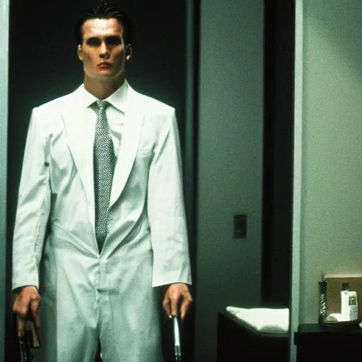 Image similar to an angel as the american psycho, cinematic still