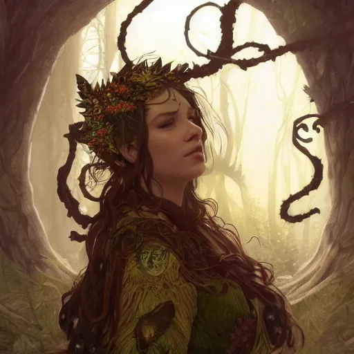 Image similar to a woman druid wearing leaf and vine themed clothing, fully clothed, pet animal, D&D, fantasy, intricate, cinematic lighting, highly detailed, digital painting, artstation, concept art, smooth, sharp focus, illustration, art by Artgerm and Greg Rutkowski and Alphonse Mucha, subject in the middle of the frame