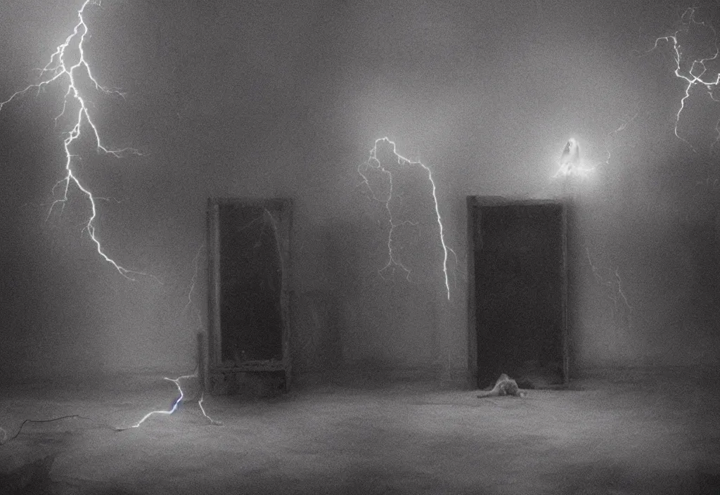 Prompt: a innatural and tragic ghost in a room of a haunted house. realistic, cinematic lightning, octane tender, dark - art