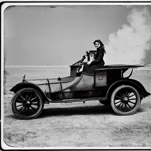 Image similar to an oldie car with wings and turbine, steam punk, black-white retro photo 1910, woman in front