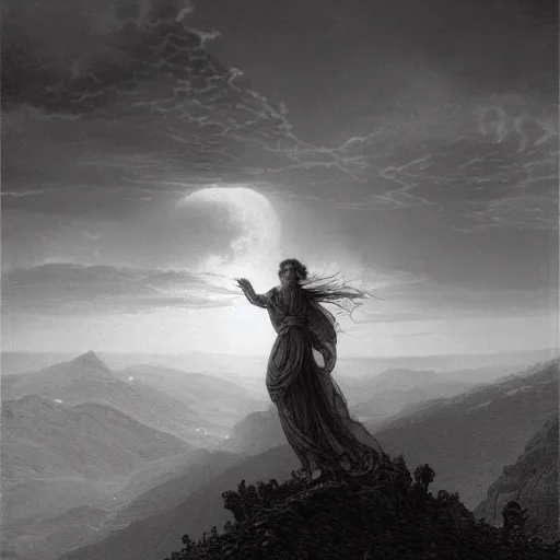 Image similar to A female wanderer looks from a mountaintop, mountains, gorgeous view, velly distant forest, distant city, distant glow, night, moon, dramatic light, Chiaroscuro, long shadows, dark, thunderclouds, masterpiece, high detail, detailed, illustration by Paul Gustave Doré