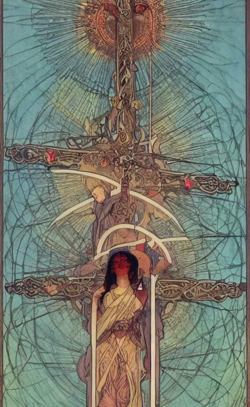 Image similar to a spiritual cross on top of a holy mountain, Mucha, Moebius, Mohrbacher