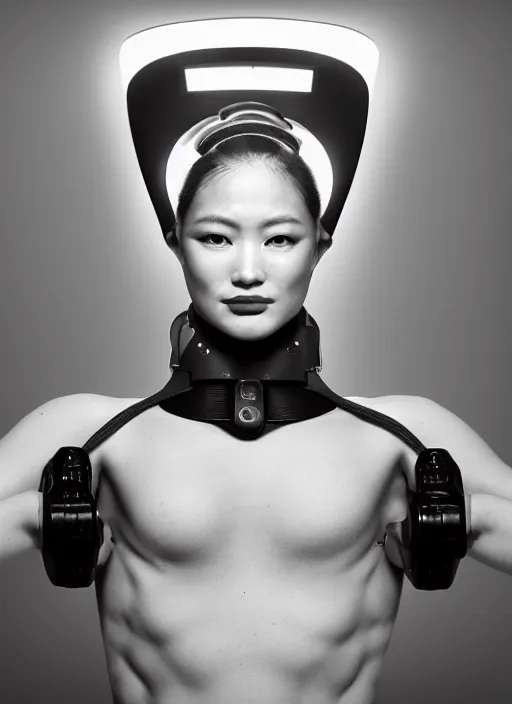 Prompt: Close upper body shot. Artistically angled subject. Professional studio portrait lighting. Technological fashion photography. Mechanical wearables designed by Ikeuchi Hiroto. Hydraulics. Reflective domes. Bulky wearables. Receiver Antennae.