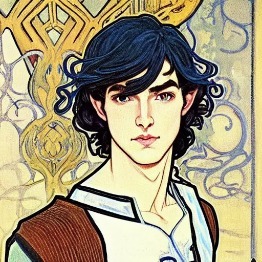 Image similar to painting of young handsome beautiful paladin elf!! man with long! wavy dark hair and blue eyes in his 2 0 s named taehyung minjun james fighting goblins, pale, wearing armor!, gorgeous hair, elf ears, icy eyes, elegant, cute, delicate, soft facial features, art by alphonse mucha, vincent van gogh, egon schiele,