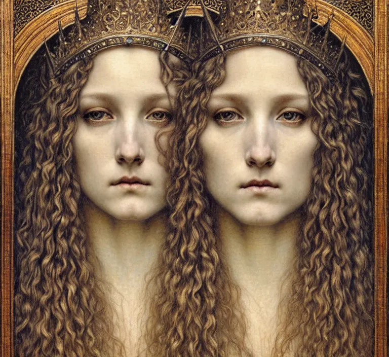 Image similar to detailed realistic beautiful young medieval queen face portrait by jean delville, gustave dore and marco mazzoni, art nouveau, symbolist, visionary, gothic, pre - raphaelite. horizontal symmetry