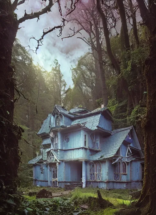 Prompt: hyper realistic homely ornate modern witch house distant down a path in the woods gorgeous lighting, blue sky, highly detailed, lush forest by zdzisław beksinski and norman rockwell and greg rutkowski weta studio, and lucasfilm