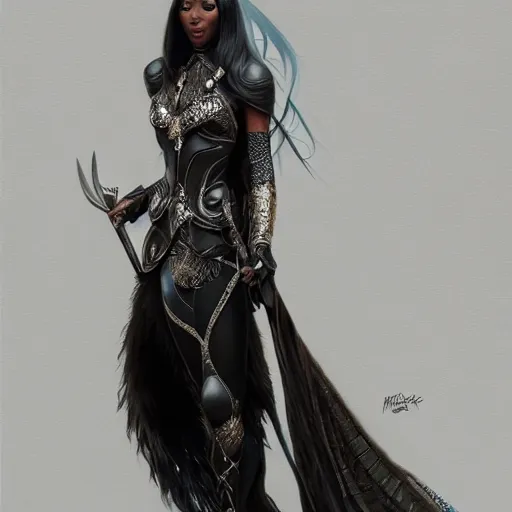 Image similar to full figure ultra realistic illustration, naomi campbell wearing black armor, intricate, elegant, highly detailed, digital painting, artstation, concept art, smooth, sharp focus, illustration, art by artgerm and greg rutkowski and alphonse mucha